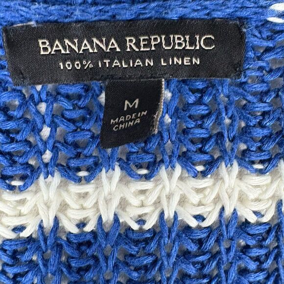 Banana Republic 100% Italian Linen Chunky V-neck Blue Striped Sweater Medium - Picture 2 of 6